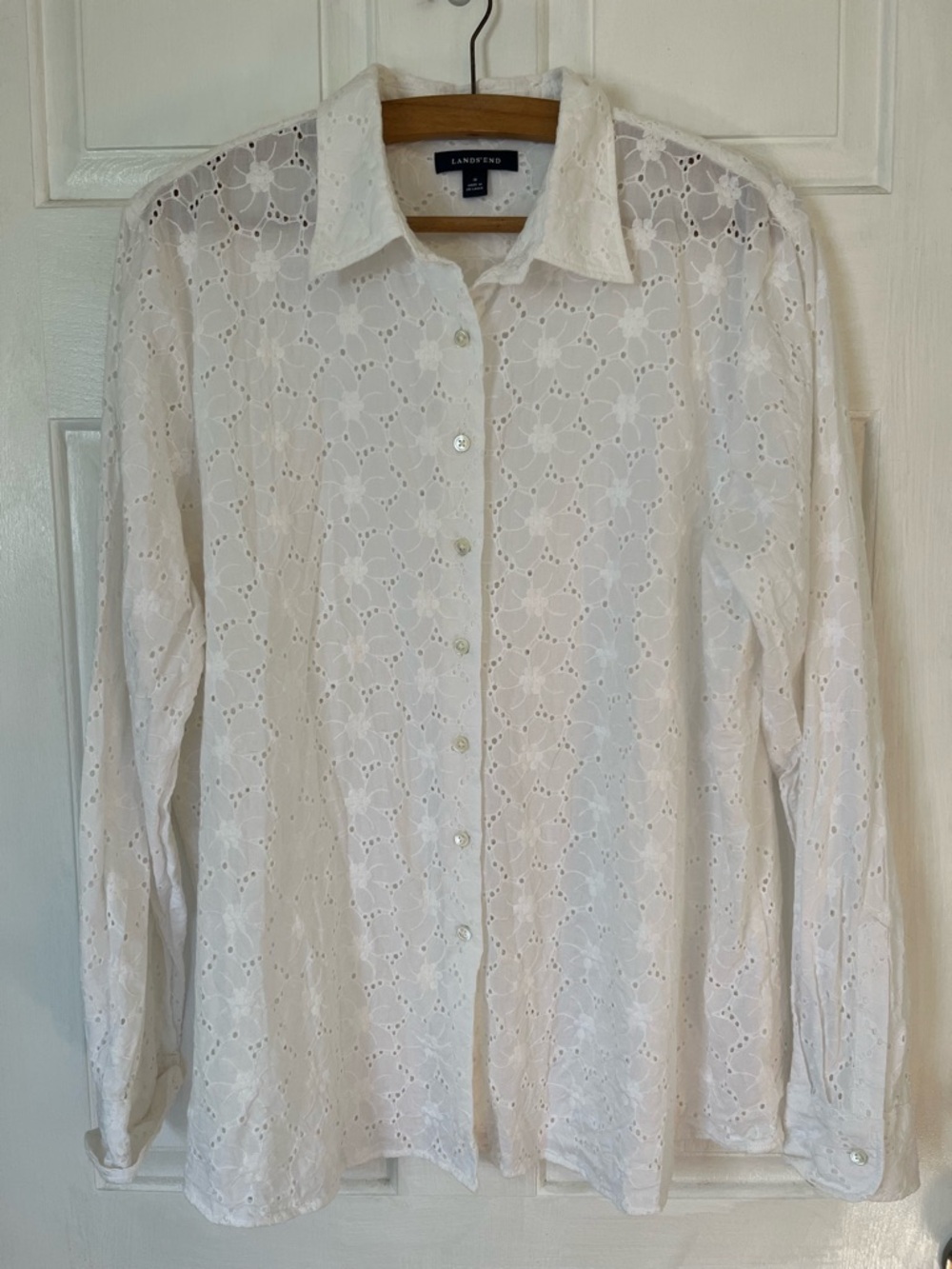 Lands' End White Eyelet Button-Up Shirt